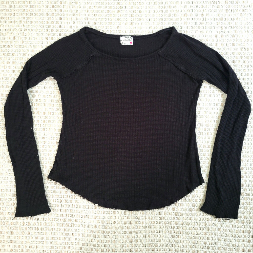 Free People Intimately Women M Black Waffle Knit Henley Top Distressed Boho Yoga
